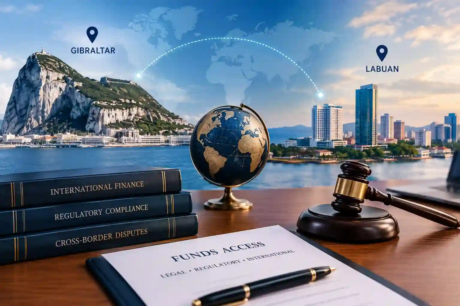 Illustration of Gibraltar and Labuan connected across a world map, with finance books and a legal gavel.