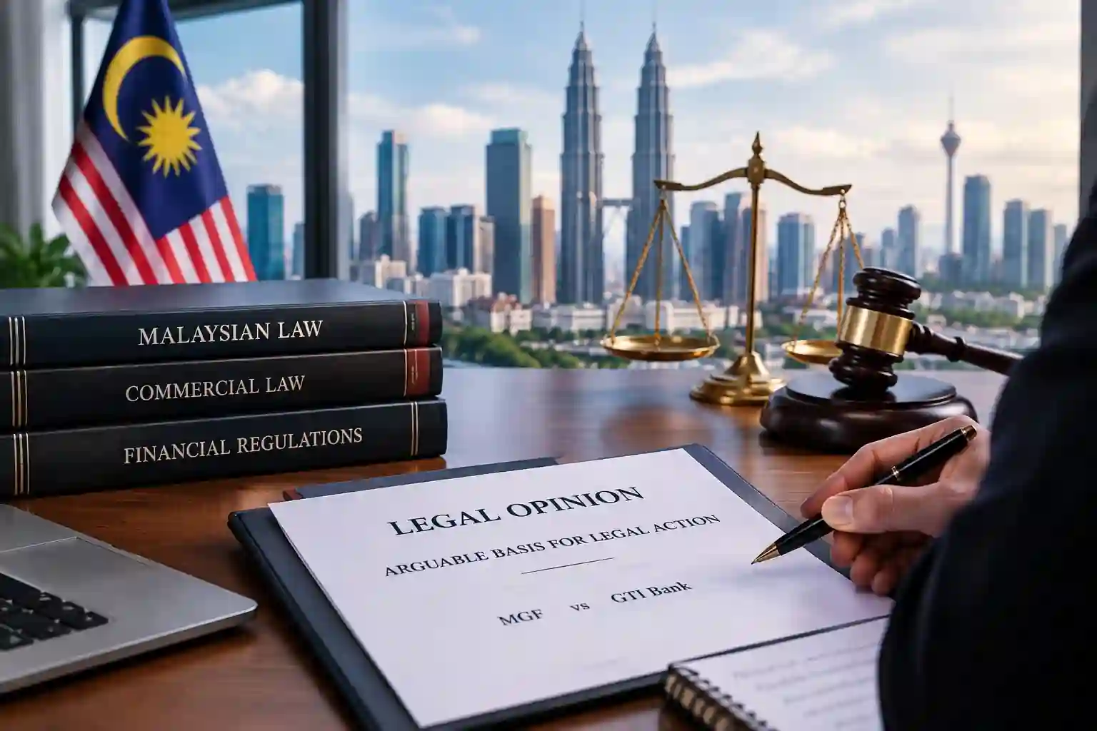 Illustration of a Malaysian legal opinion concerning MGF and GTI Bank, with law books and scales of justice.