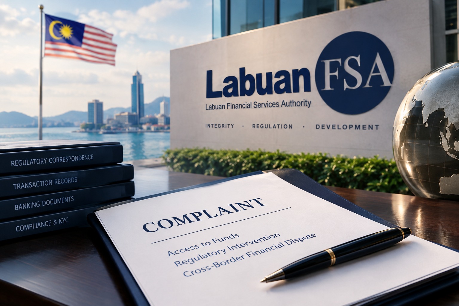Illustration of a complaint about access to funds in front of Labuan FSA signage.