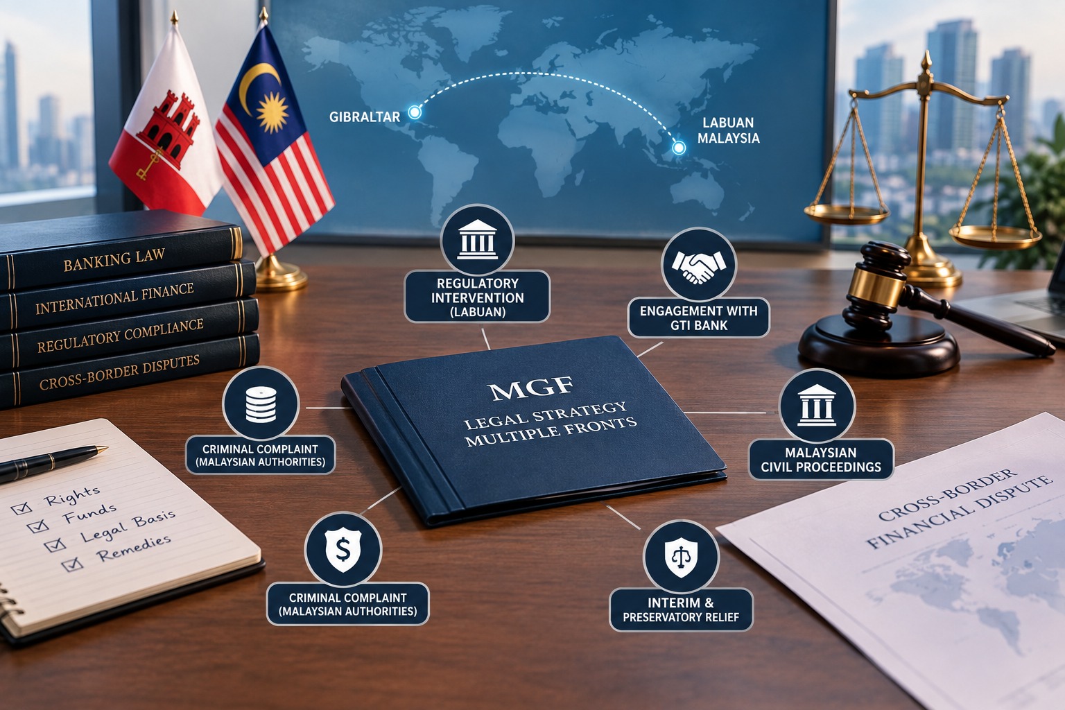 Illustration of MGF legal strategy spanning regulatory engagement, civil proceedings and a criminal complaint.