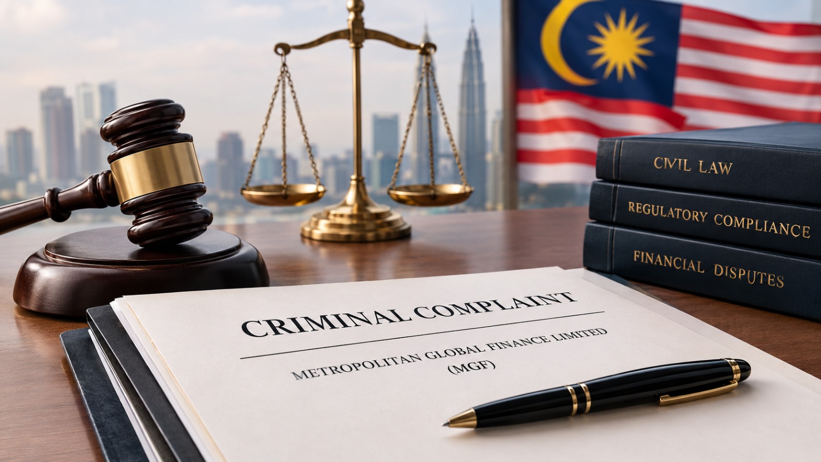 Illustration of an MGF criminal complaint beside a gavel, scales of justice and the Malaysian flag.