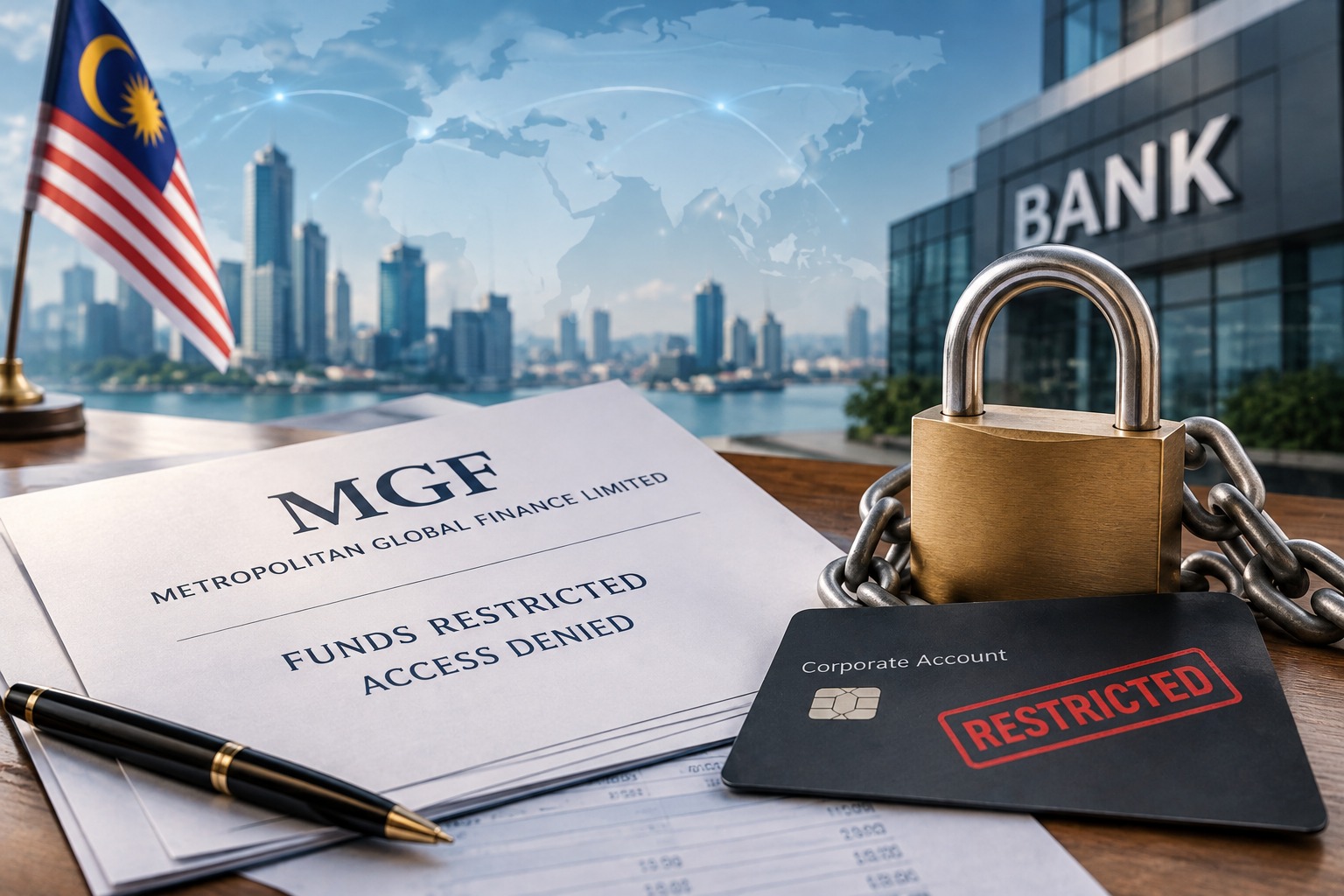 Illustration of MGF funds restrictions, with a padlock, chains and a restricted corporate account card.