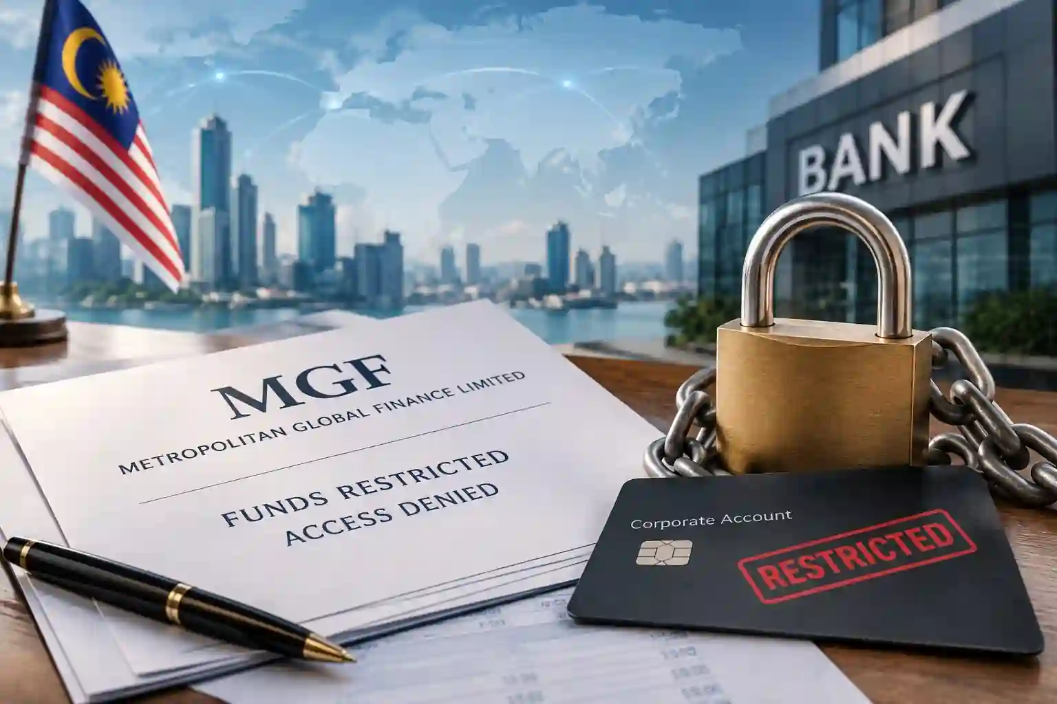 Illustration of MGF funds restrictions, with a padlock, chains and a restricted corporate account card.