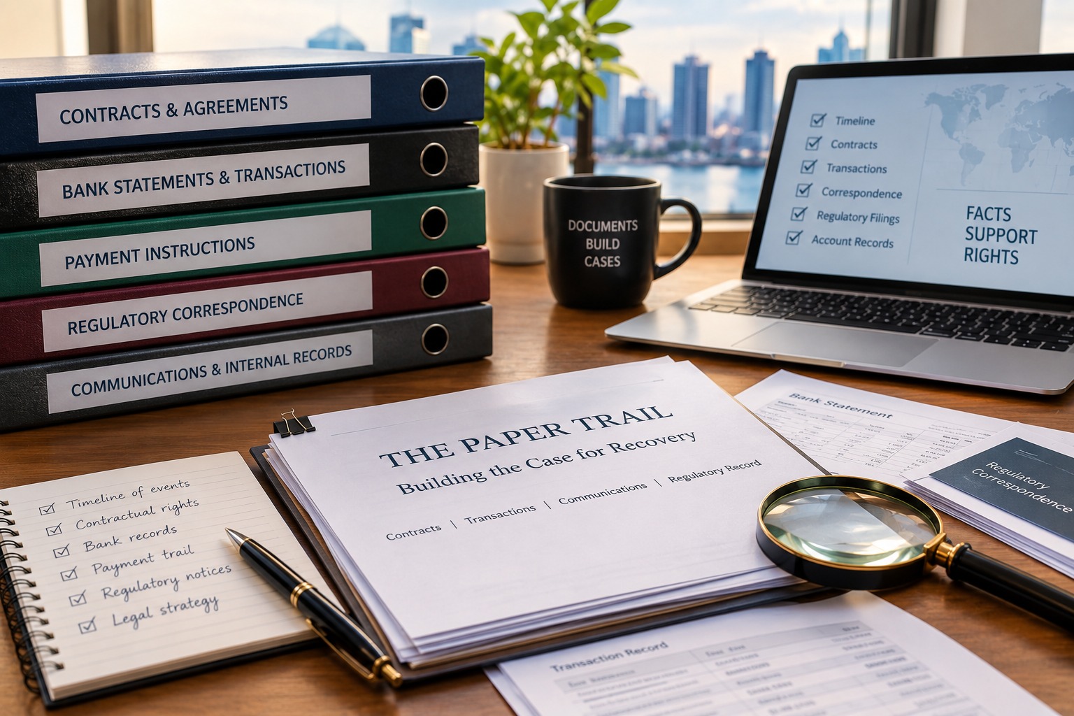 Illustration of contracts, bank records and regulatory correspondence forming an MGF documentary paper trail.