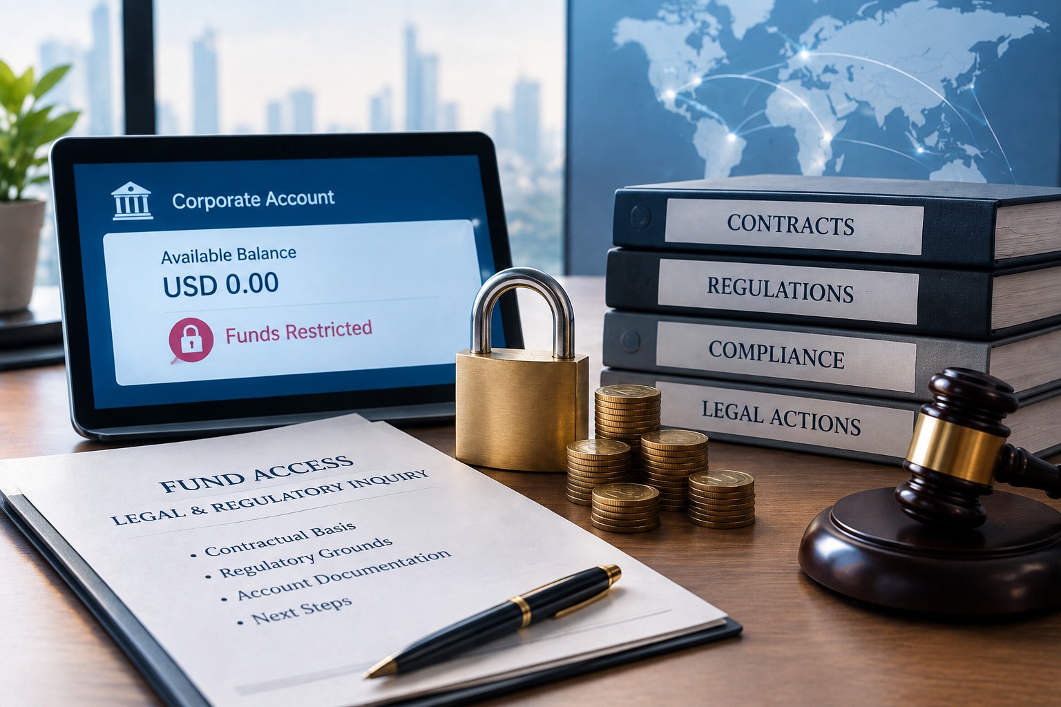 Illustration of a restricted corporate account and a legal and regulatory inquiry into fund access.
