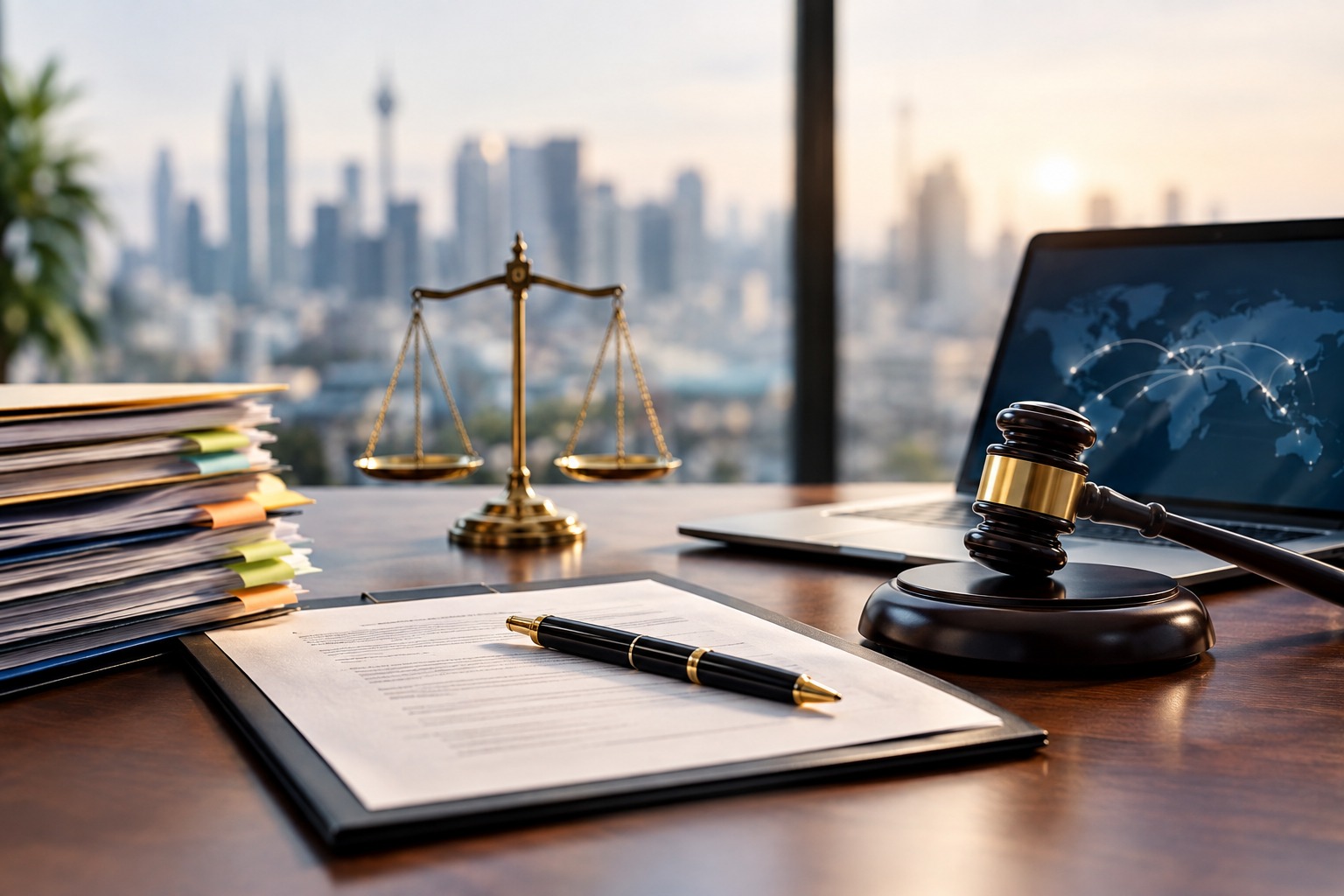 Illustration of a legal and financial review with documents, scales of justice, a gavel and a world map.