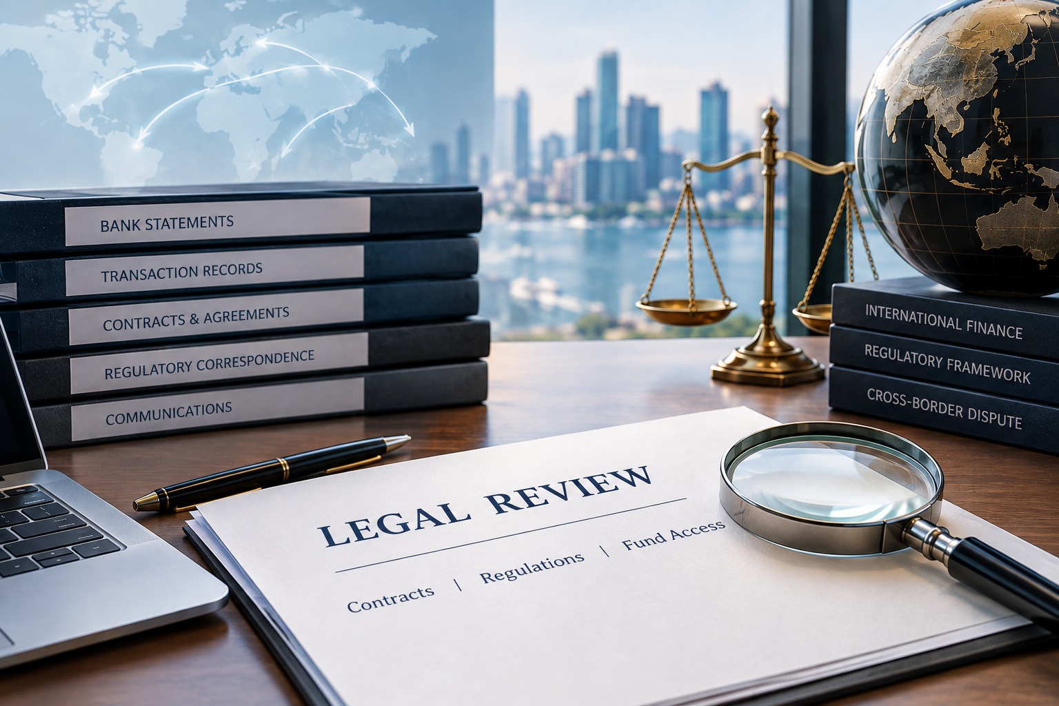Illustration of a legal review of bank statements, transaction records, contracts and regulatory correspondence.